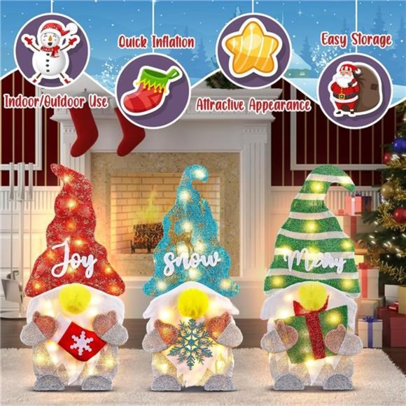 23.6 Inch Pre Lit Collapsible 2D Gnomes with Incandescent Lights (Gnome,3 Pack) - Picture 5 of 6